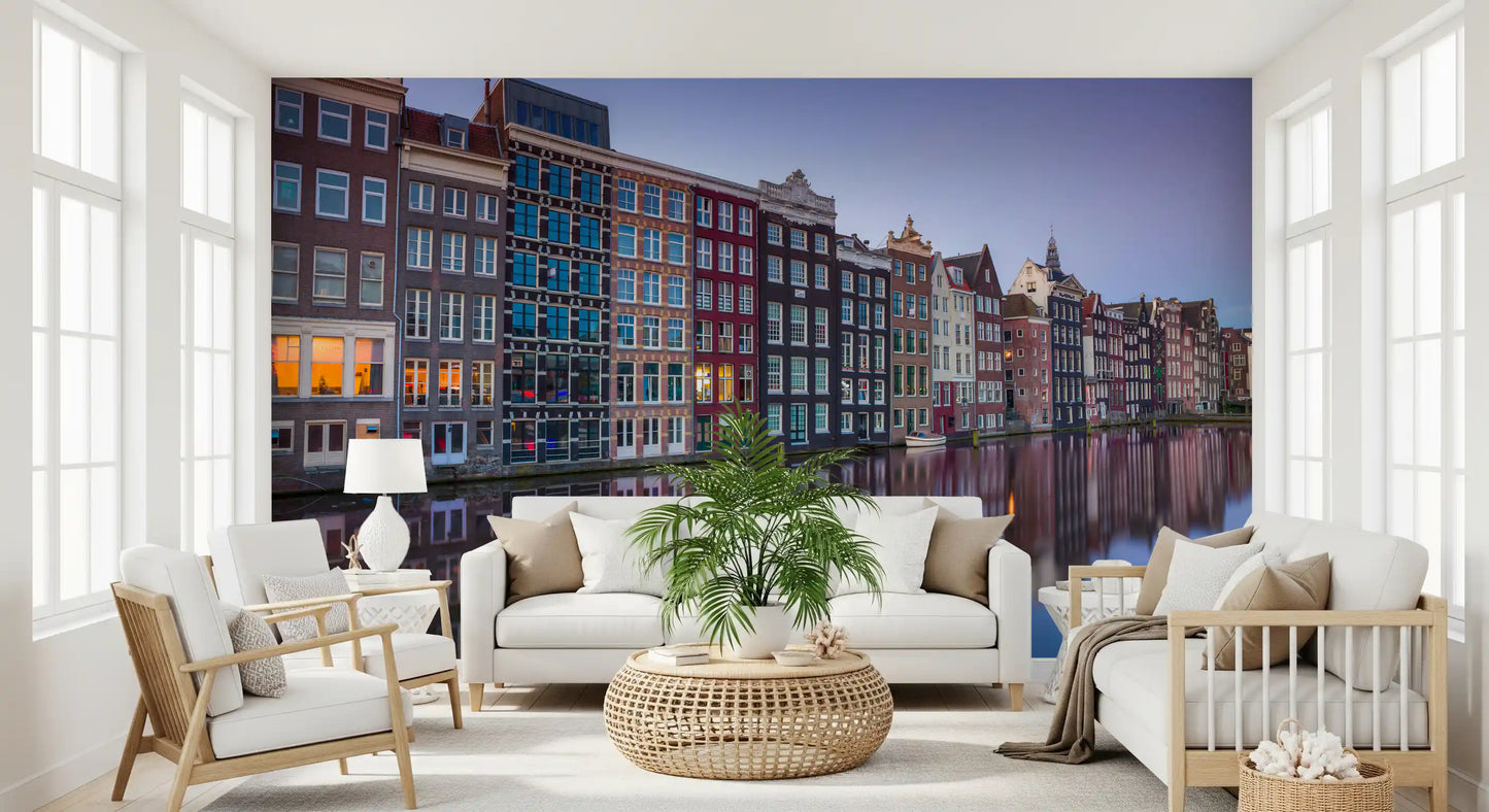 Fototapet arhitectură la amurg pe canalul din Amsterdam