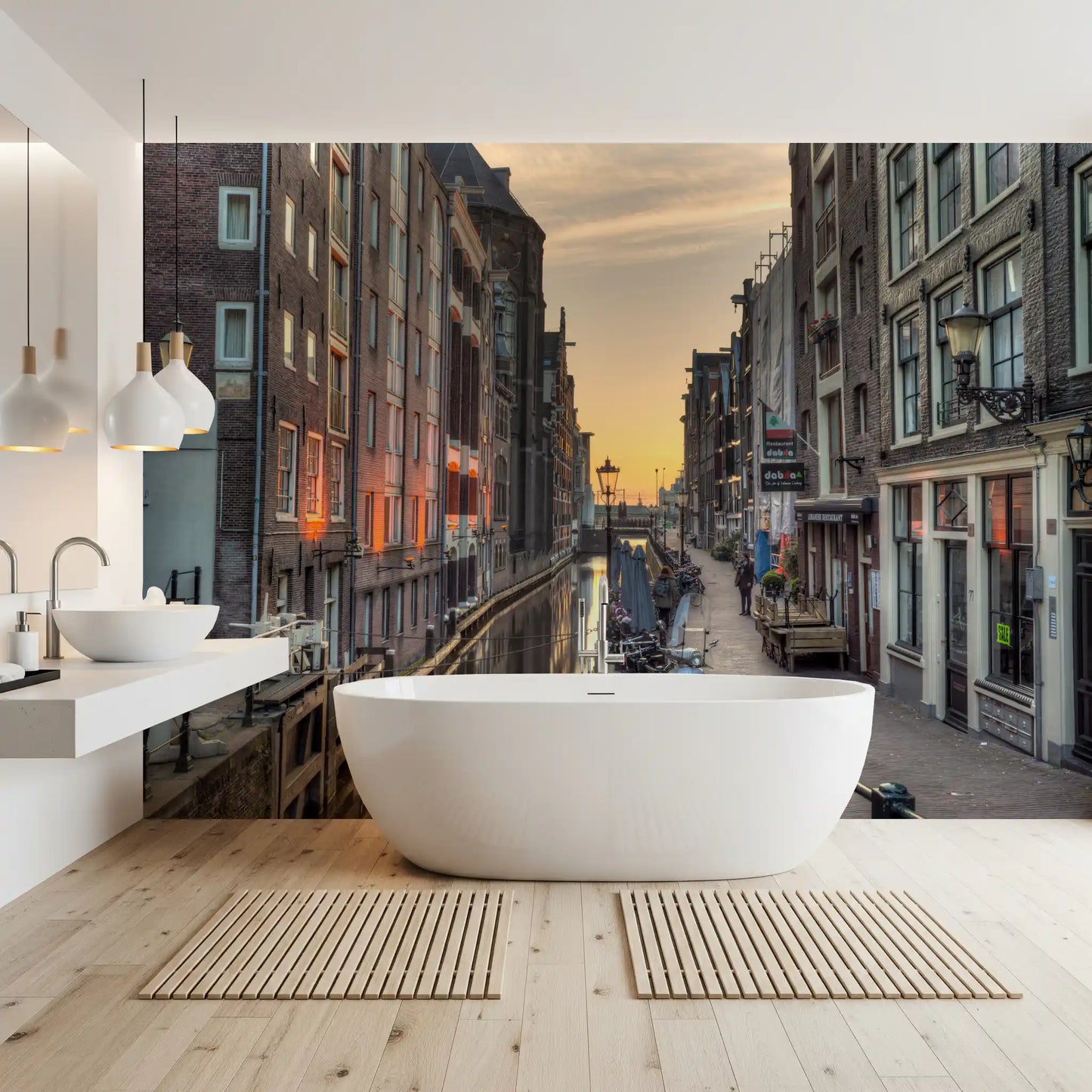 Papier peint panoramique scène du canal d'Amsterdam à l'heure dorée