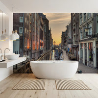 Papier peint panoramique scène du canal d'Amsterdam à l'heure dorée