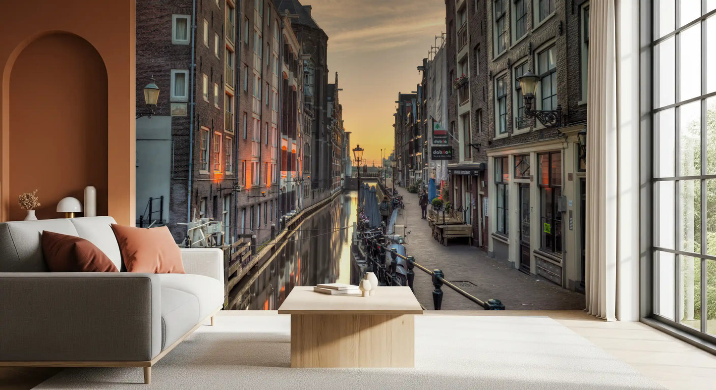 Papier peint panoramique scène du canal d'Amsterdam à l'heure dorée