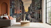Papier peint panoramique scène du canal d'Amsterdam à l'heure dorée