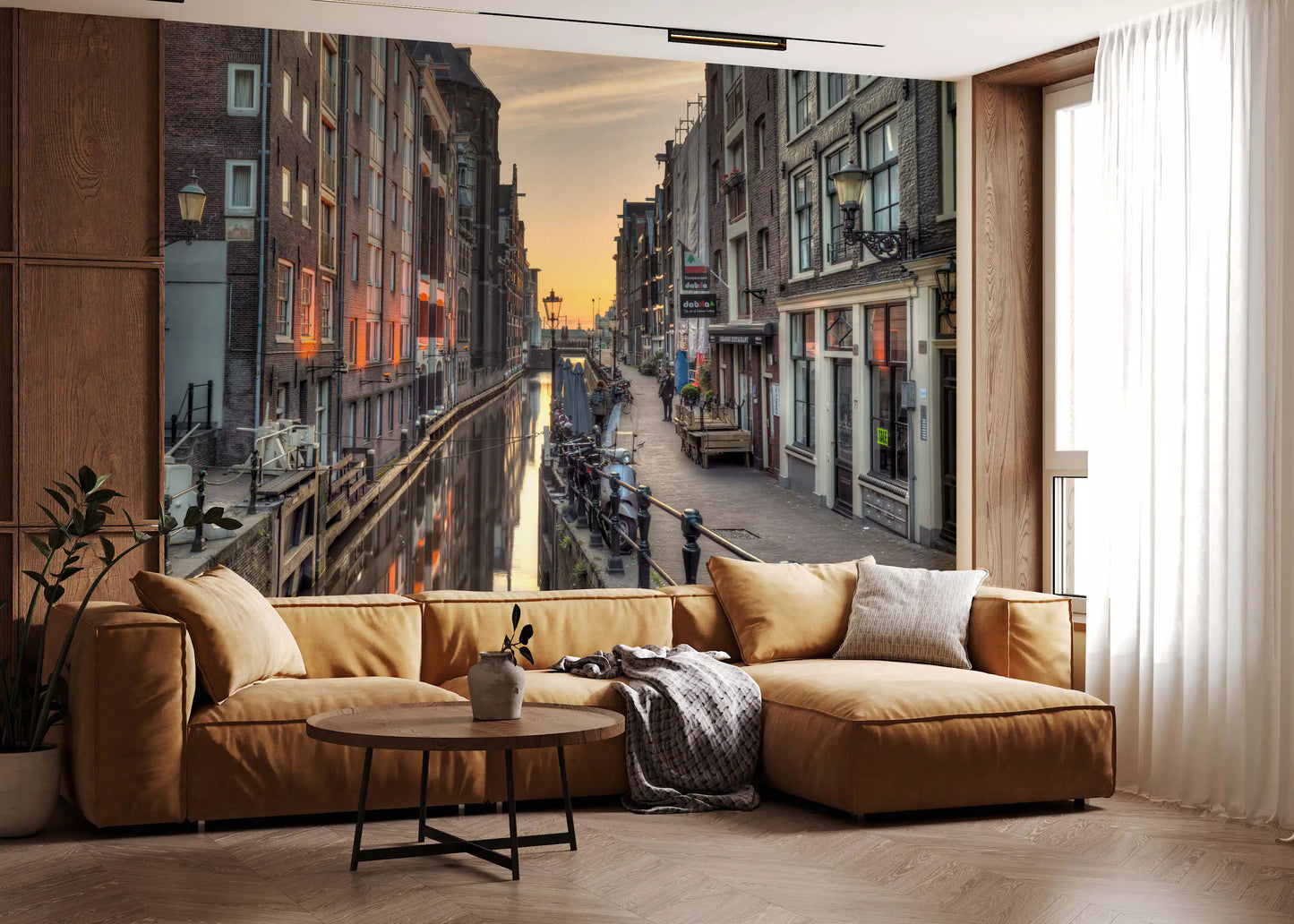 Papier peint panoramique scène du canal d'Amsterdam à l'heure dorée
