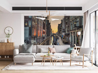 Papier peint panoramique scène du canal d'Amsterdam à l'heure dorée