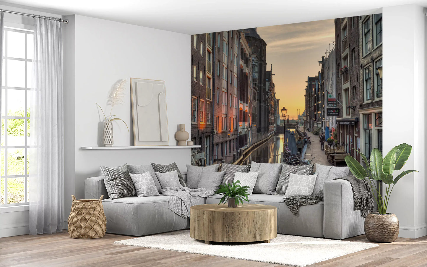 Papier peint panoramique scène du canal d'Amsterdam à l'heure dorée