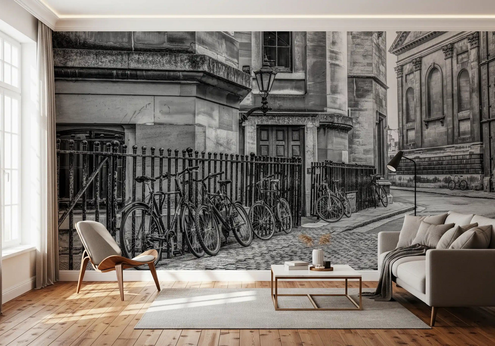Cobbled street and cycles wall mural along a living room corner, GD11150
