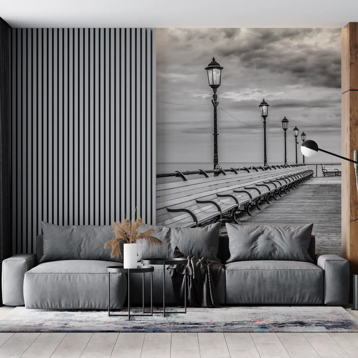 promenade cooling a living room in greyscale wall mural GD11151
