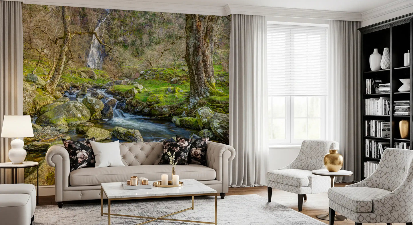 Papier peint mural cascade en haute montagne avec ruisseau en cascade