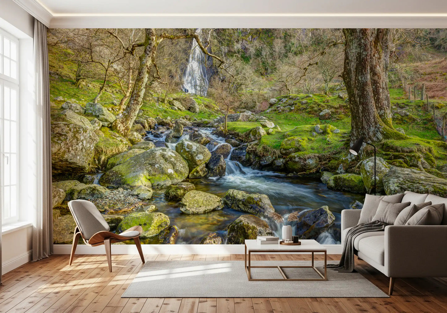 Papier peint mural cascade en haute montagne avec ruisseau en cascade