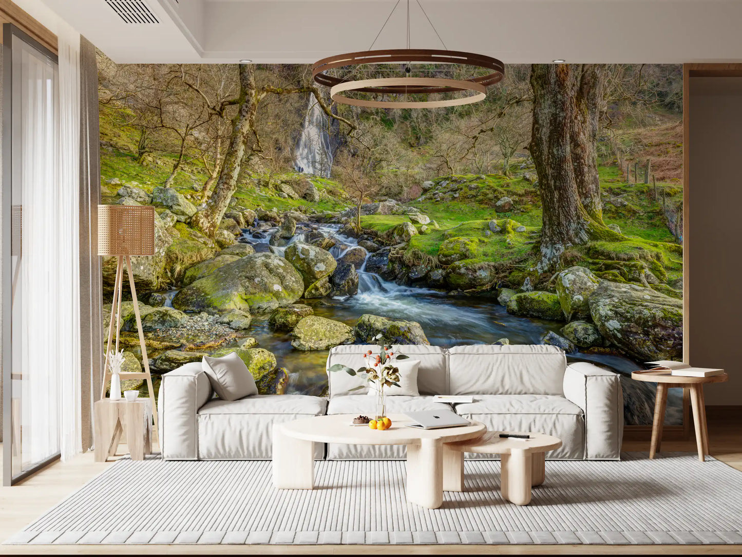 Papier peint mural cascade en haute montagne avec ruisseau en cascade