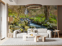 Papier peint mural cascade en haute montagne avec ruisseau en cascade