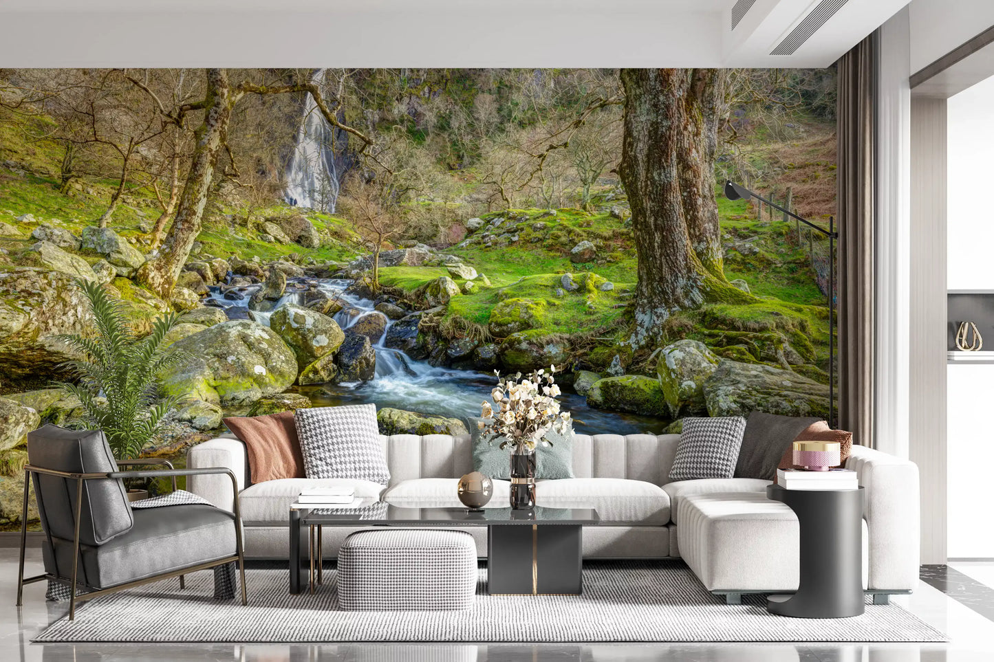 Papier peint mural cascade en haute montagne avec ruisseau en cascade