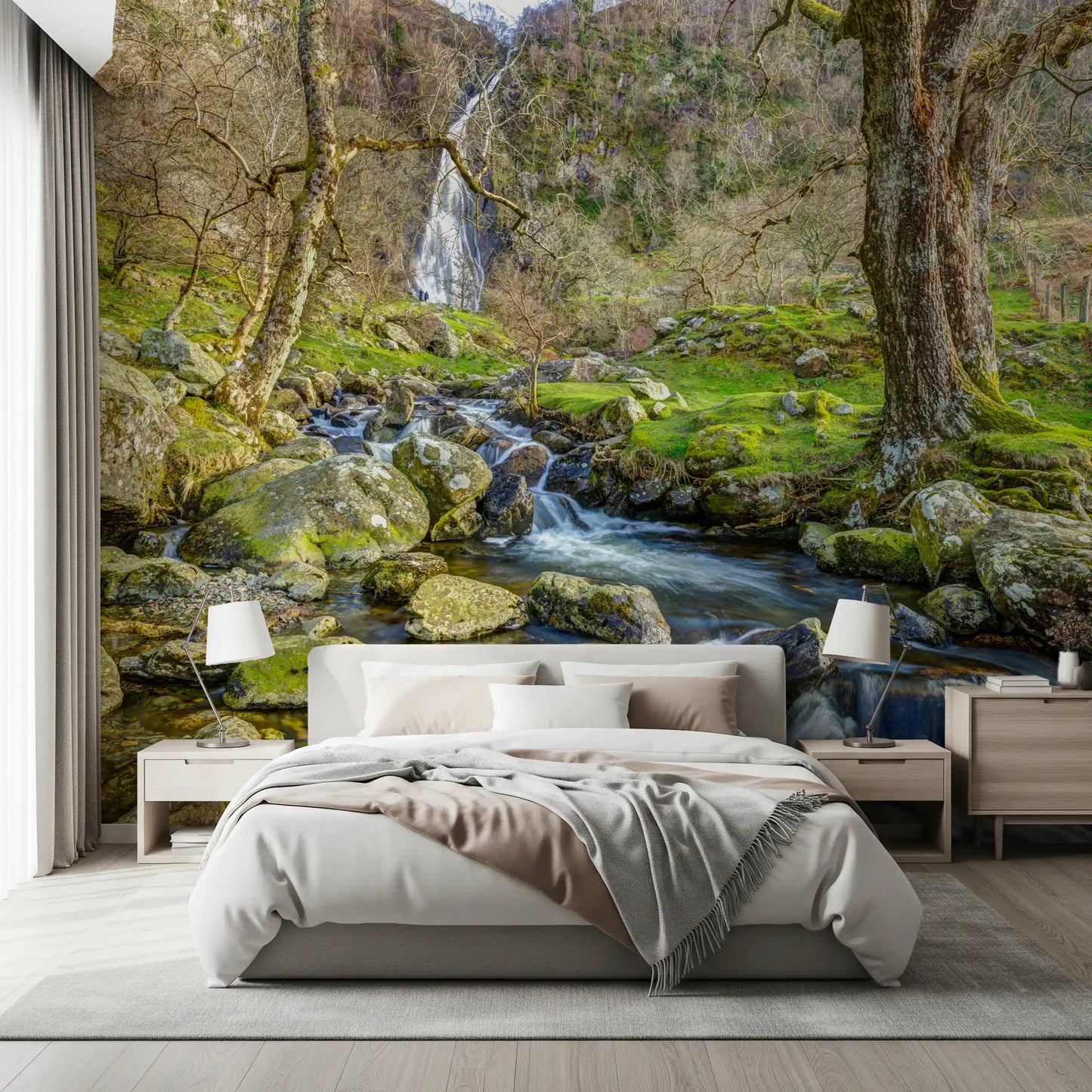 Papier peint mural cascade en haute montagne avec ruisseau en cascade