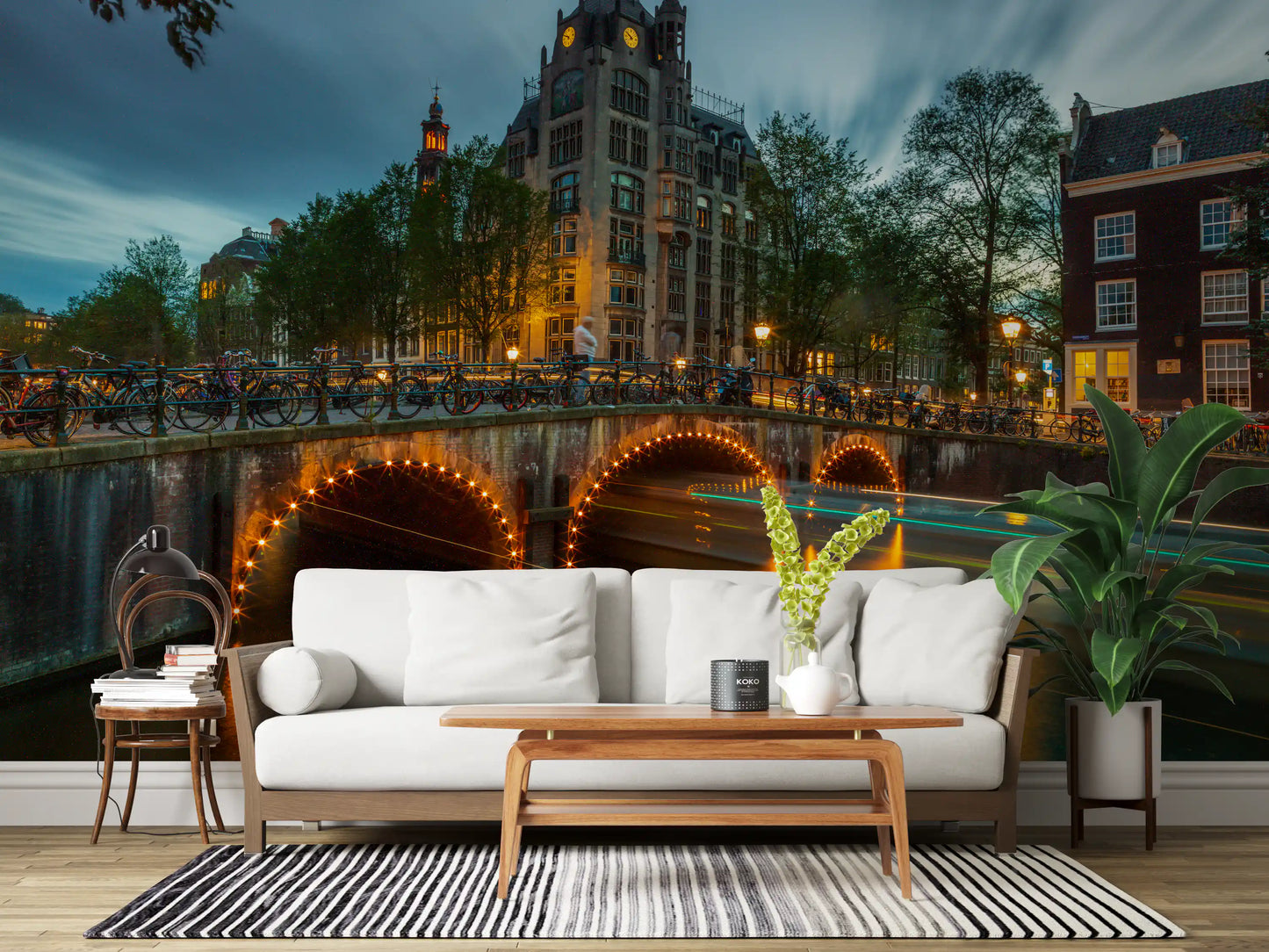 Papier peint panoramique Illuminations du soir sur les canaux d'Amsterdam