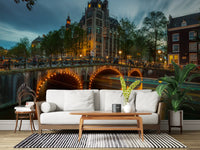 Papier peint panoramique Illuminations du soir sur les canaux d'Amsterdam