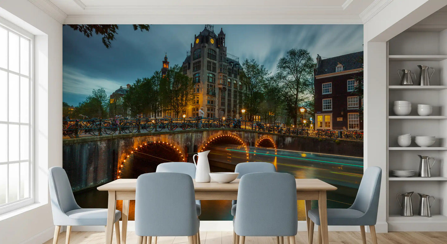 Papier peint panoramique Illuminations du soir sur les canaux d'Amsterdam