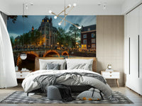 Papier peint panoramique Illuminations du soir sur les canaux d'Amsterdam