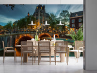Papier peint panoramique Illuminations du soir sur les canaux d'Amsterdam