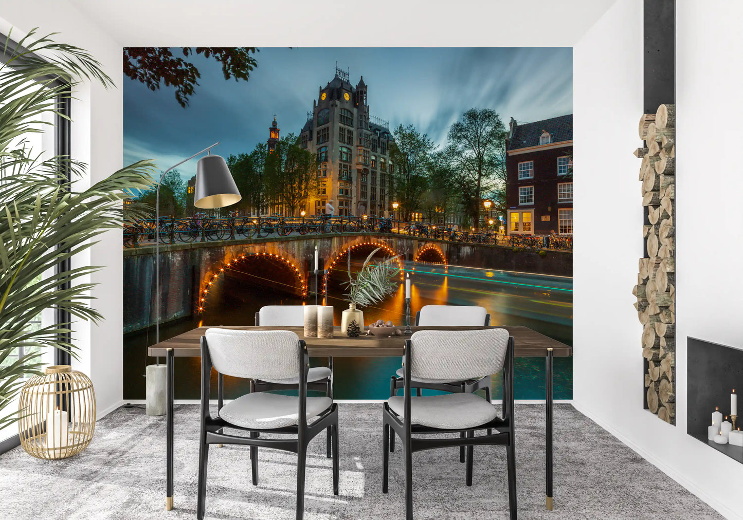 Papier peint panoramique Illuminations du soir sur les canaux d'Amsterdam