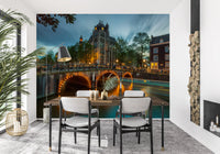 Papier peint panoramique Illuminations du soir sur les canaux d'Amsterdam