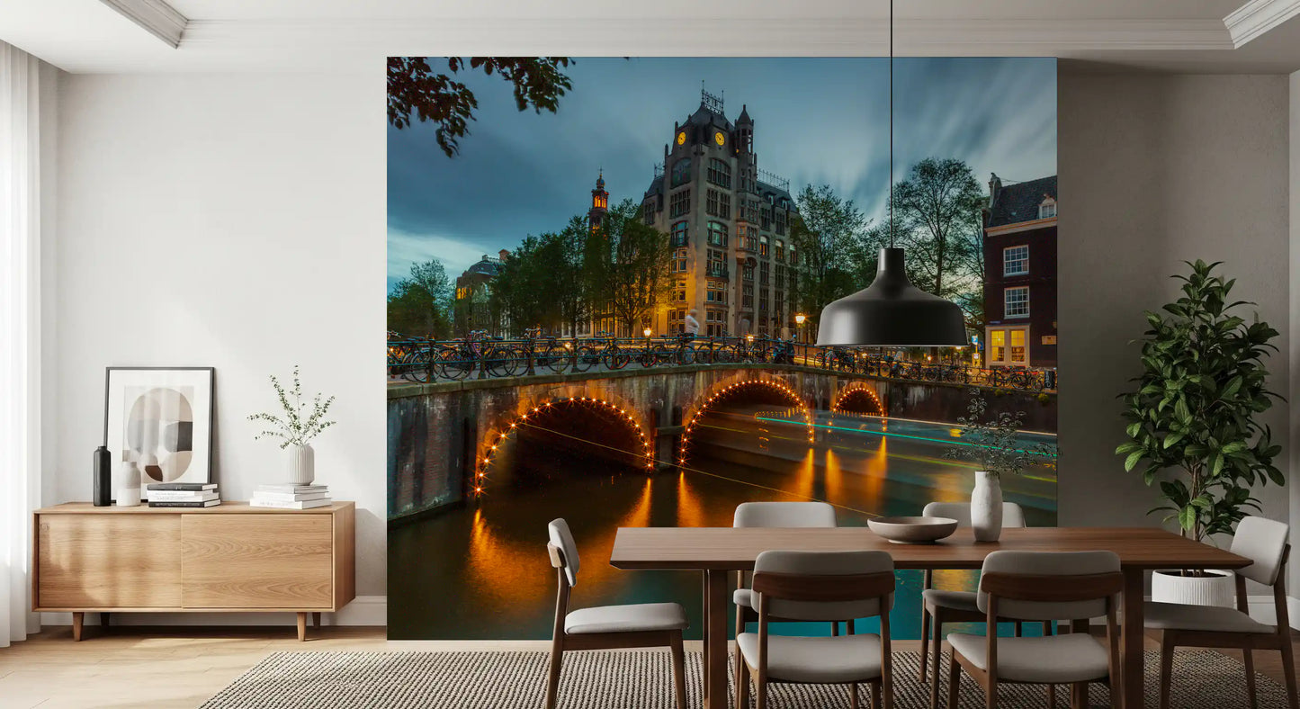 Papier peint panoramique Illuminations du soir sur les canaux d'Amsterdam