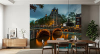 Papier peint panoramique Illuminations du soir sur les canaux d'Amsterdam