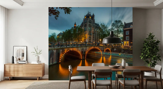 Papier peint panoramique Illuminations du soir sur les canaux d'Amsterdam