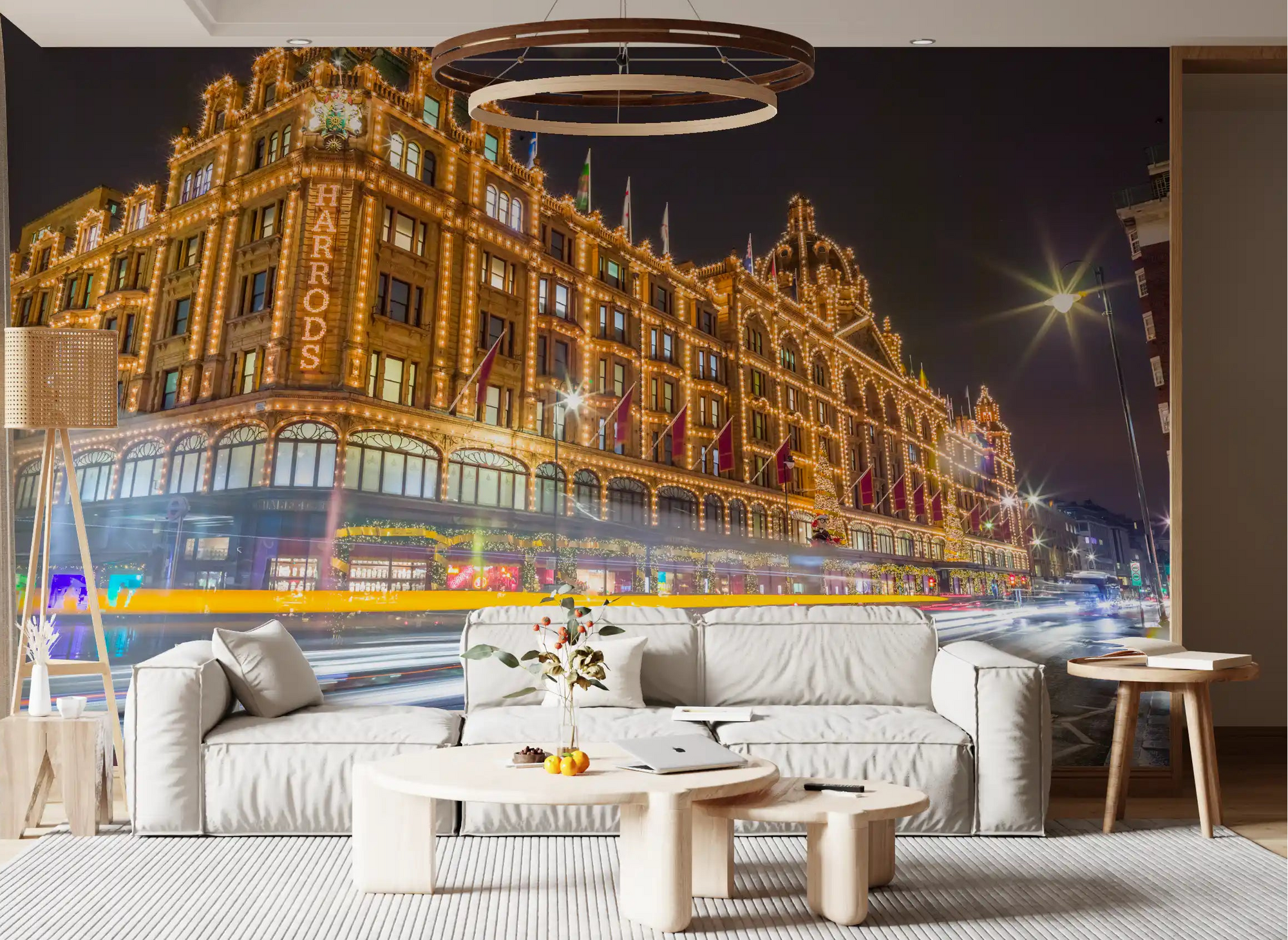 Harrods glowing after dark across a living room, London wall mural GD11157
