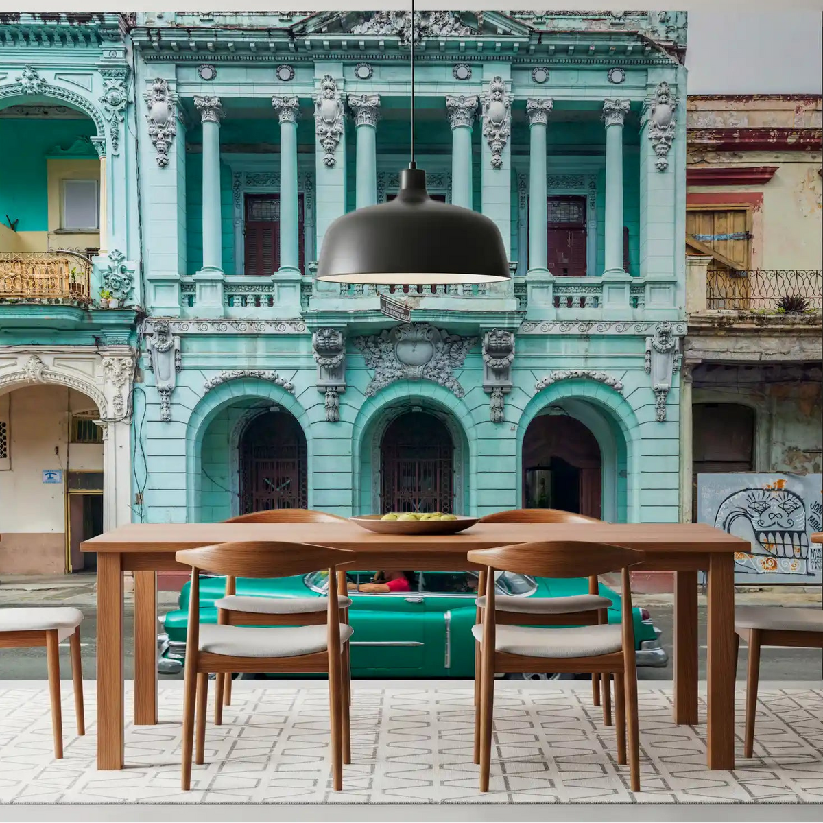 Havana classic facade wall mural glowing over a dining room GD11158