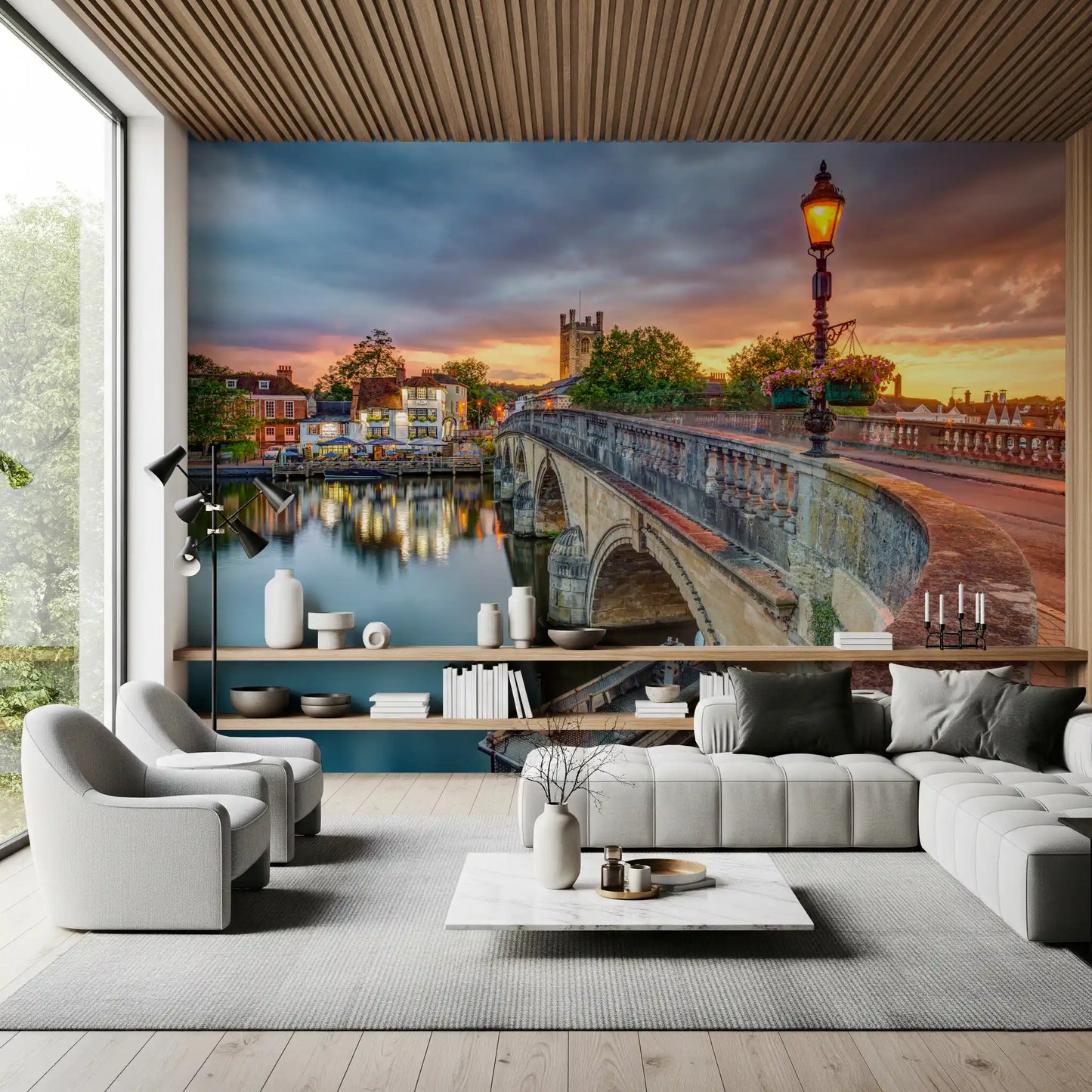 Riverside Town auringonlaskun aikaan -seinämaalaus