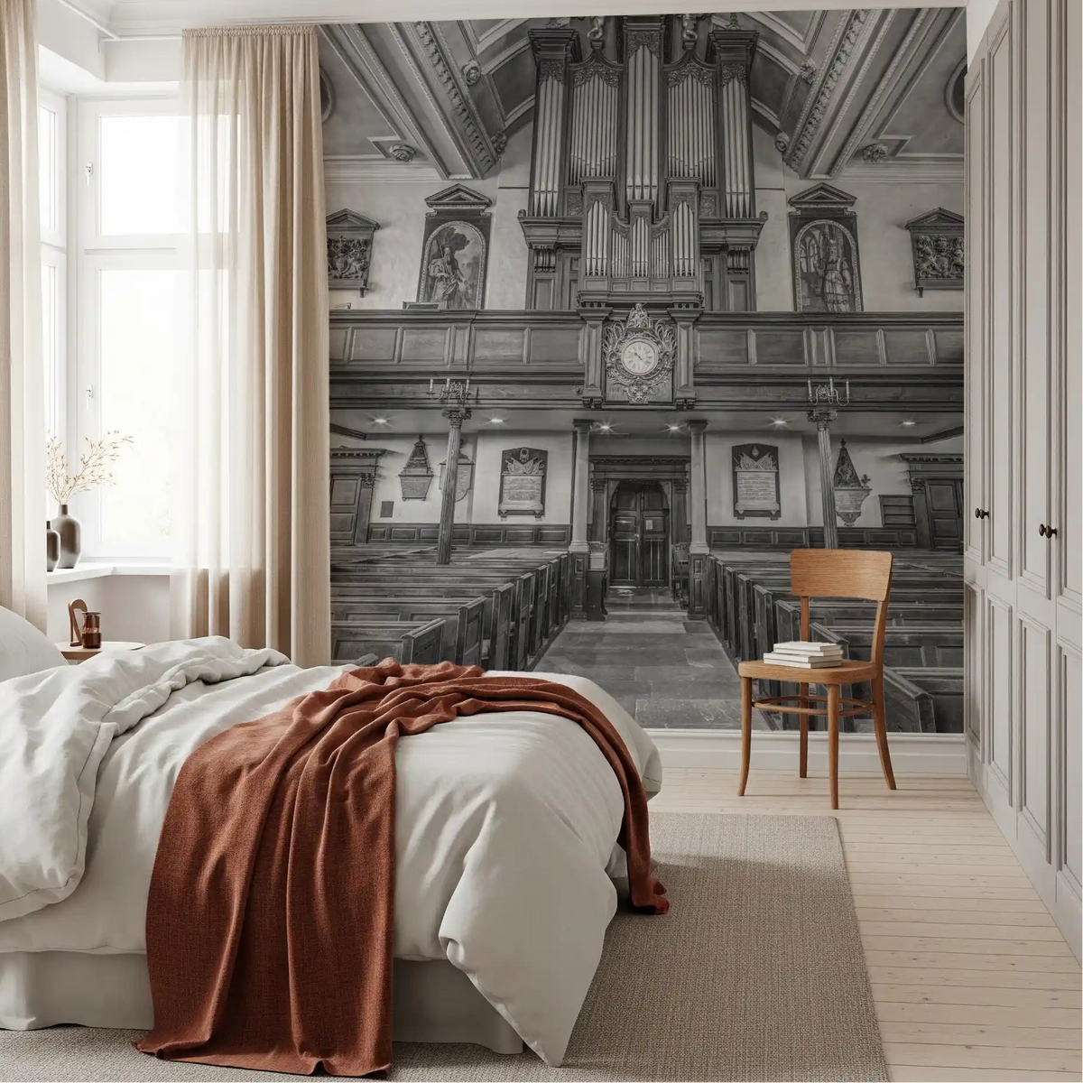 Monochrome organ and arches in the Cathedral Interior wall mural over a bedroom GD11162
