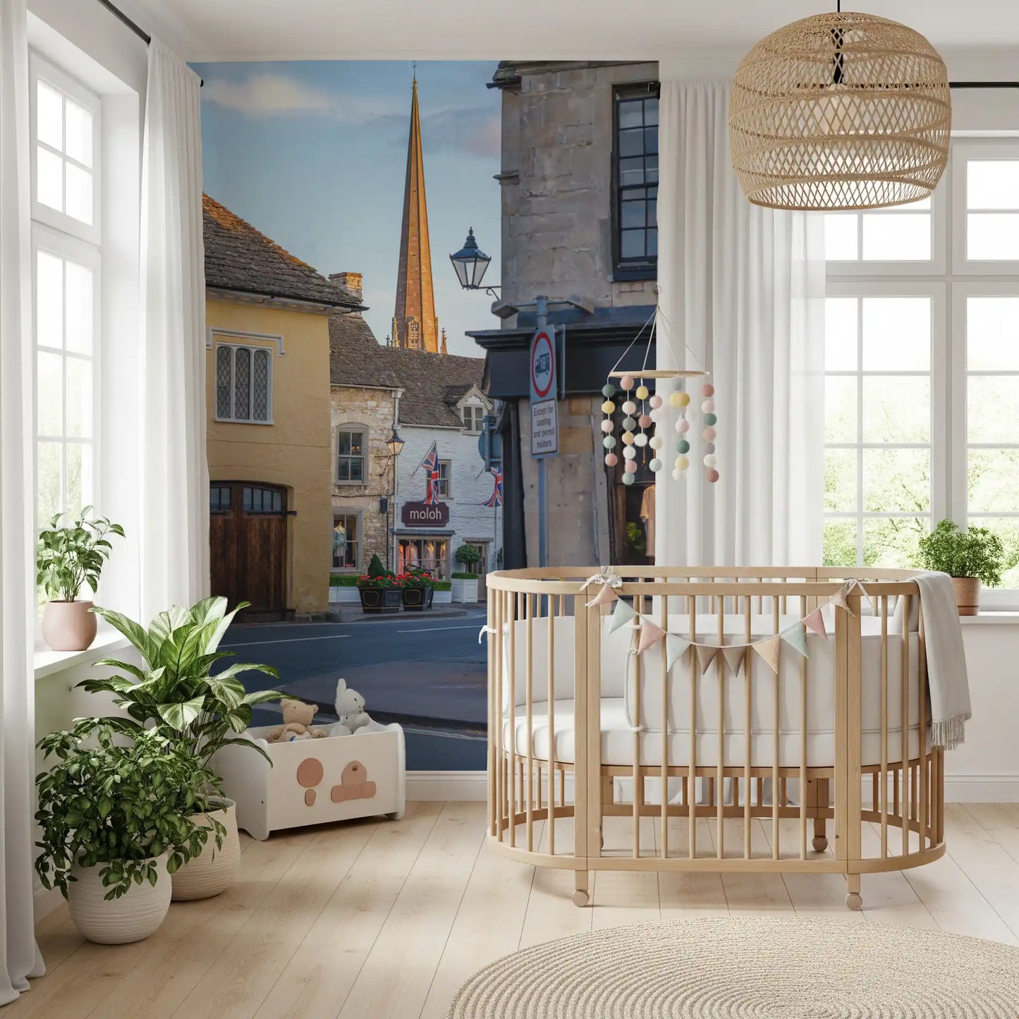 Veggmural med motiv av gamle engelske markedsbygater