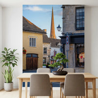 Veggmural med motiv av gamle engelske markedsbygater
