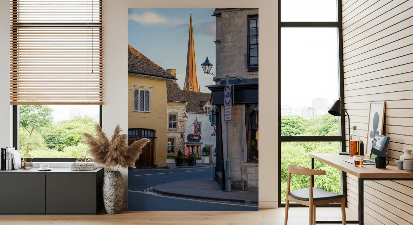 Veggmural med motiv av gamle engelske markedsbygater