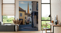 Veggmural med motiv av gamle engelske markedsbygater