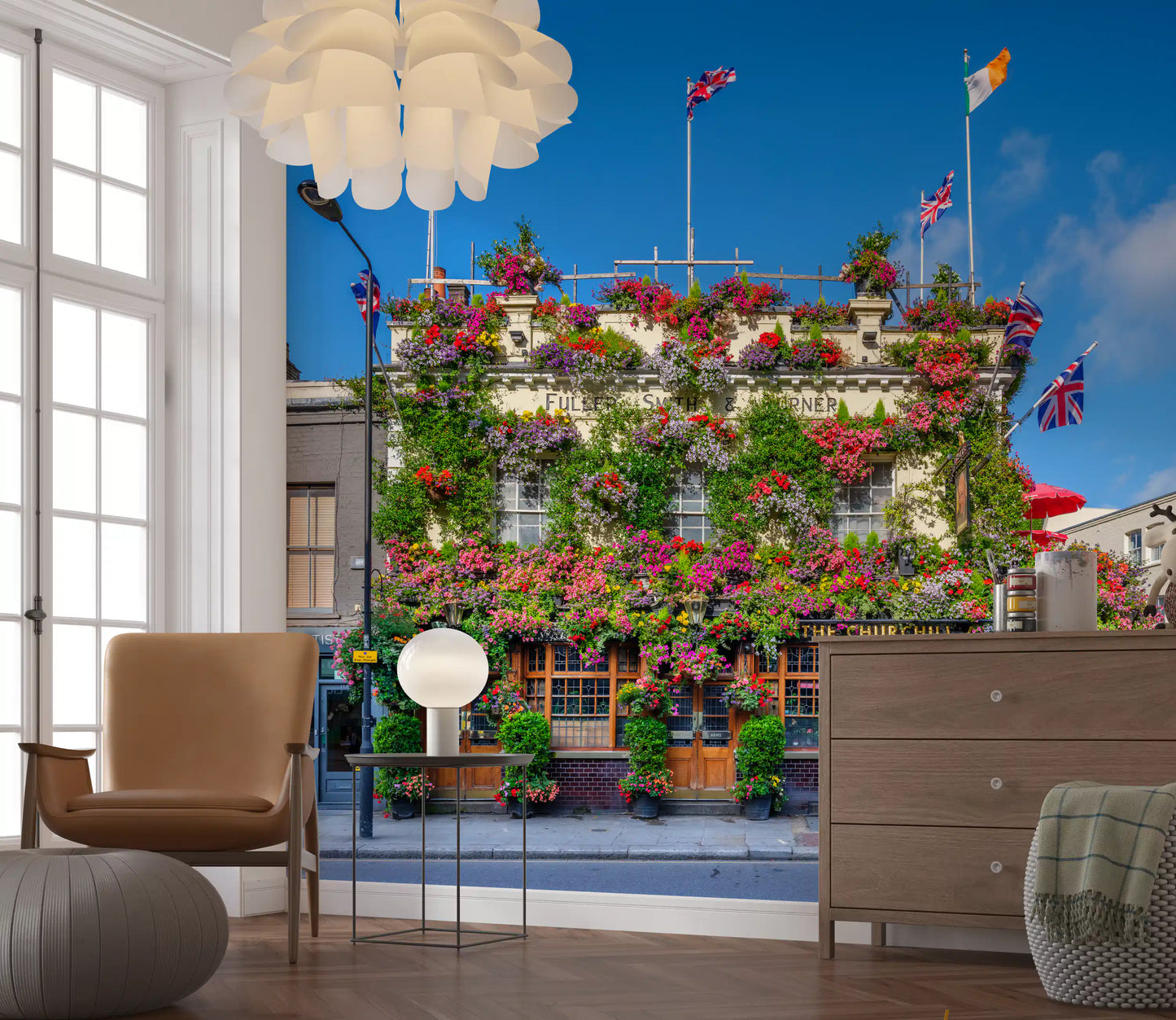 London blomsterpub udvendig vægmaleri