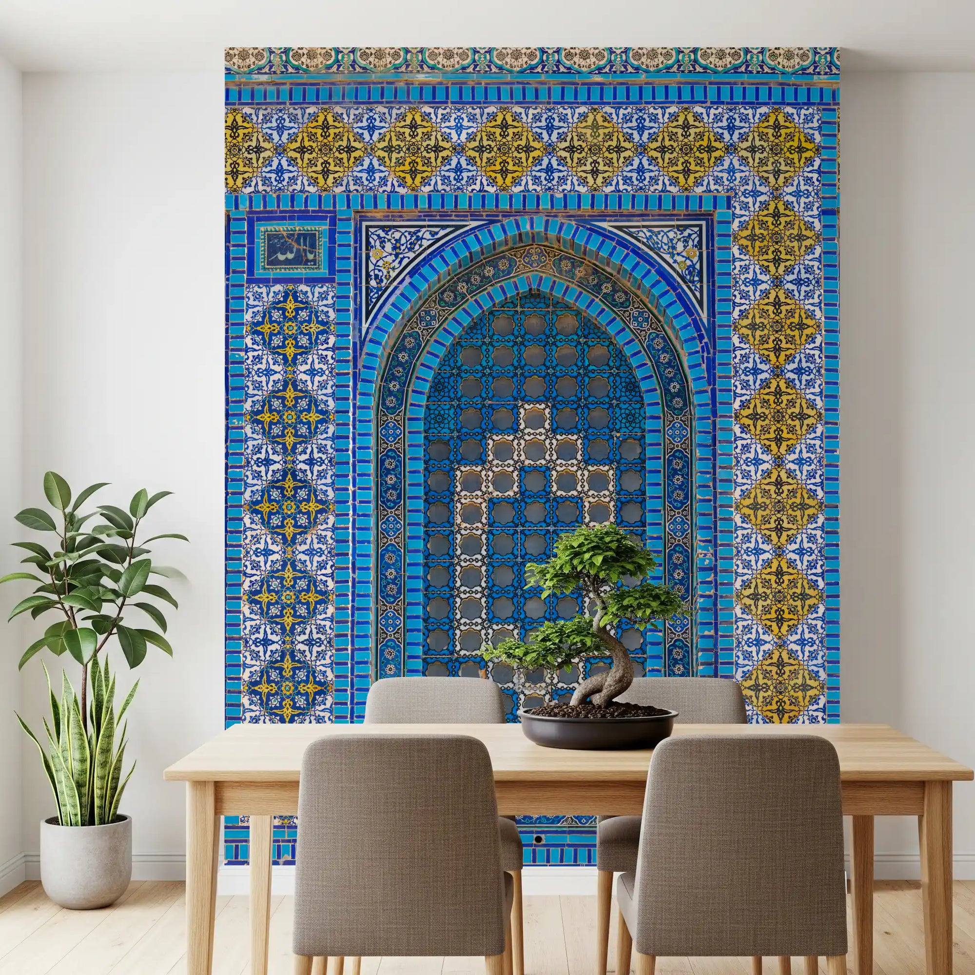 Blue and gold mosaic arch wall mural set in a dining room GD11170
