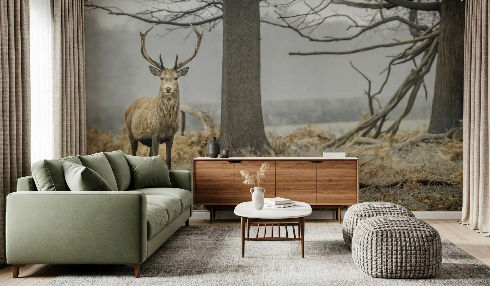 Quiet fog fills a living room forest wall mural around a lone stag GD11173

