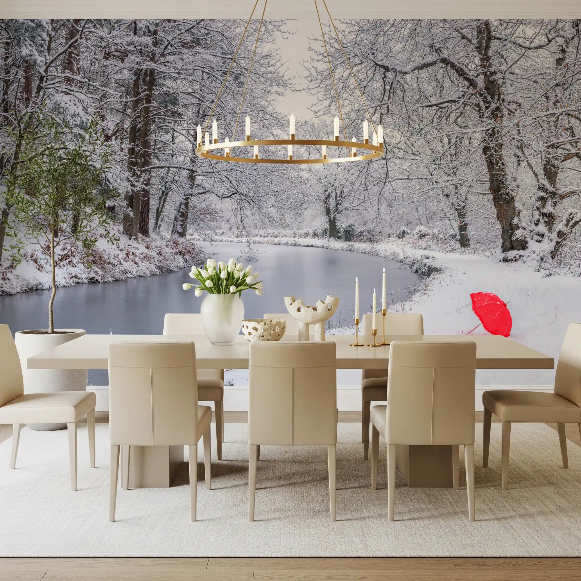 Snowy Winter Forest wall mural cooling a dining room of bare trees, GD11174