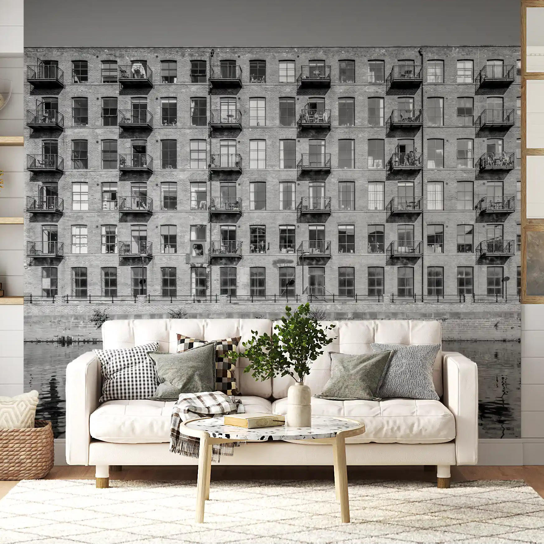 Industrial Riverside wall mural greys the backdrop of a living room GD11177
