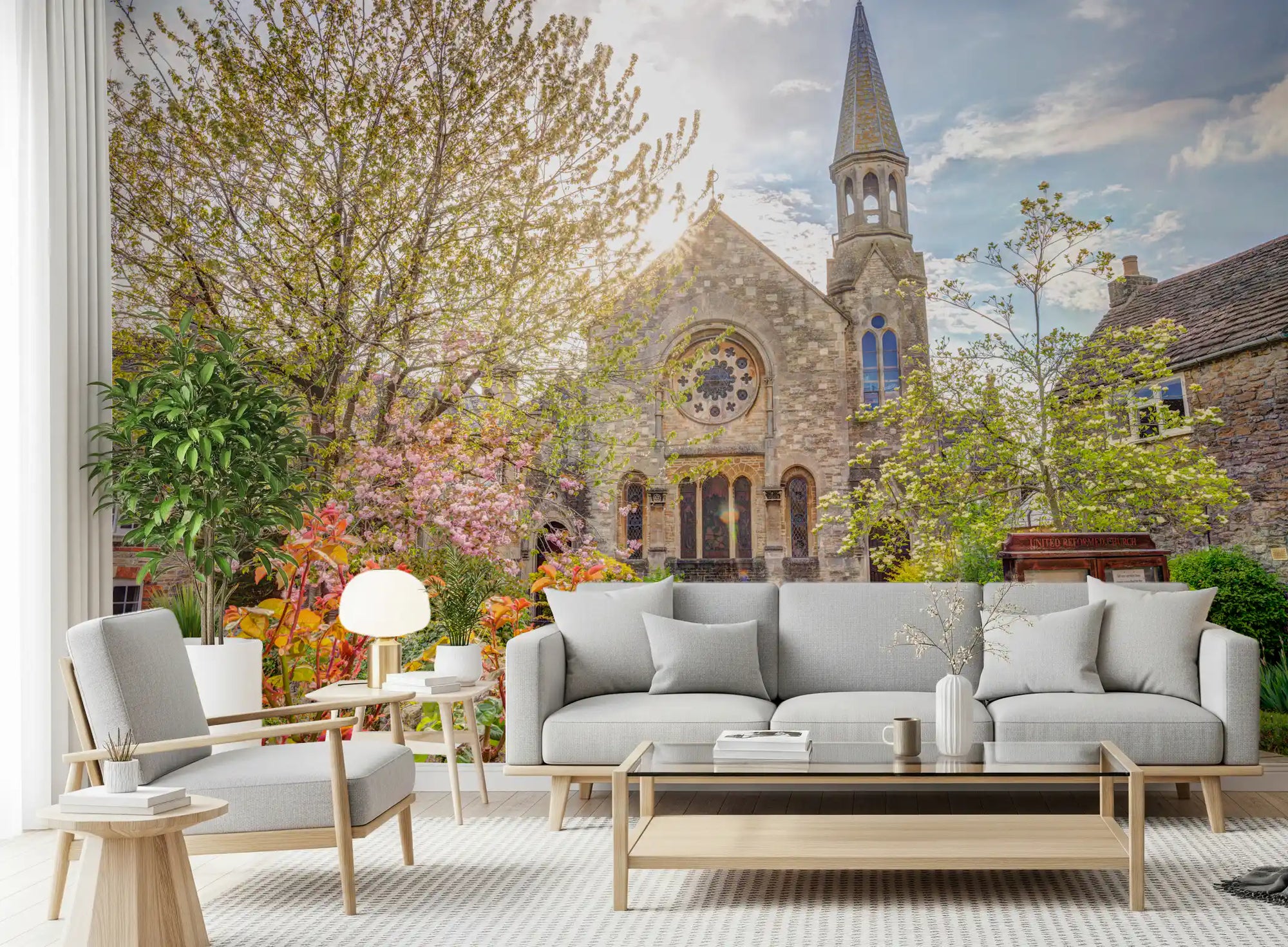 Sunlit English church garden wall mural warming a living room GD11180
