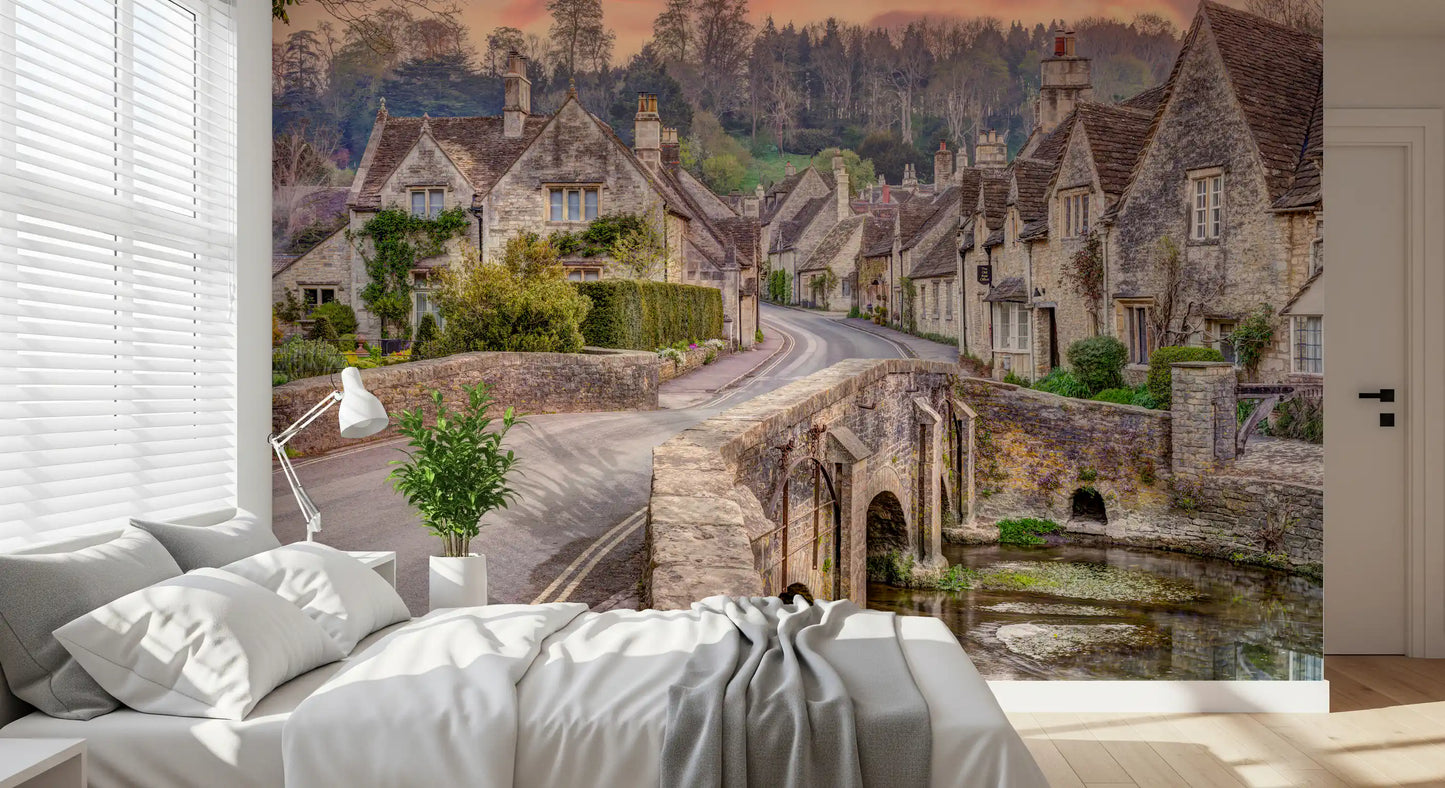 Wandbild Sonnenuntergang im Dorf Cotswold