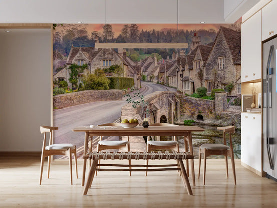 Vægmaleri med solnedgang over Cotswold Village