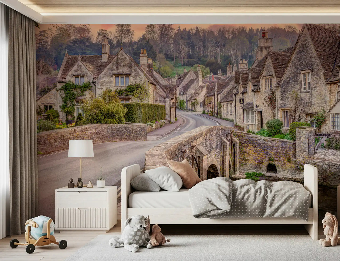 Wandbild Sonnenuntergang im Dorf Cotswold