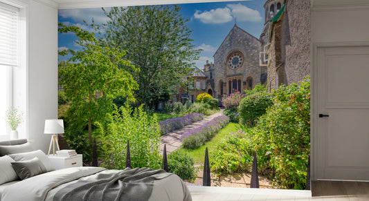 Wandbild Alte Stadt Stein Kirche Gartenszene