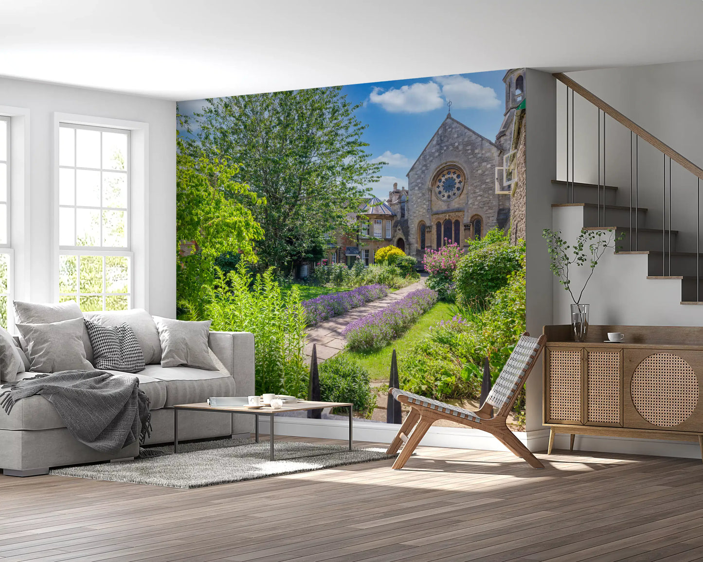 Wandbild Alte Stadt Stein Kirche Gartenszene