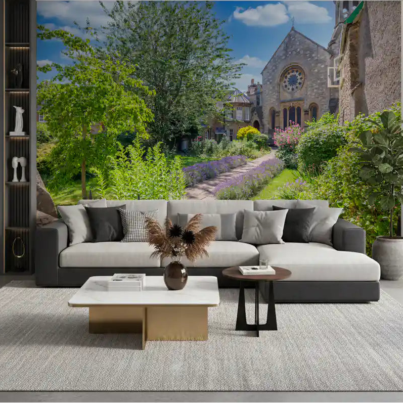 Green stone church garden wall mural warming a living room, GD11182