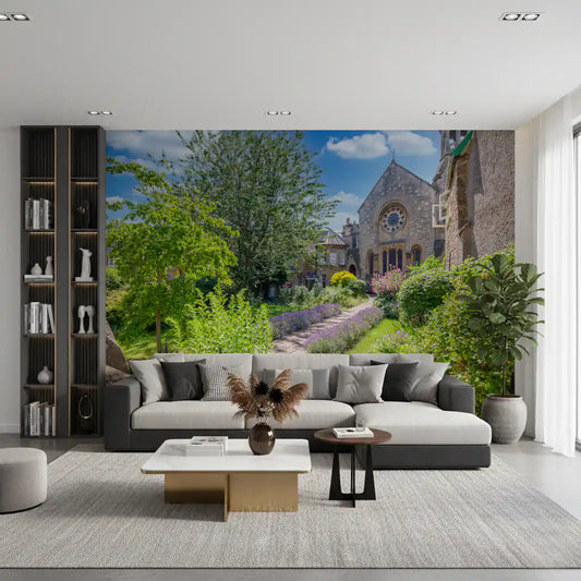 Wandbild Alte Stadt Stein Kirche Gartenszene