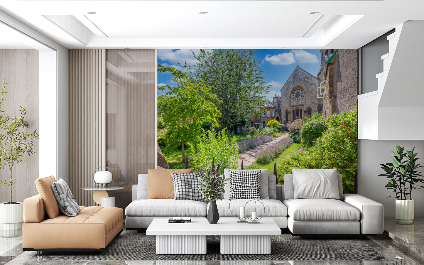 Wandbild Alte Stadt Stein Kirche Gartenszene