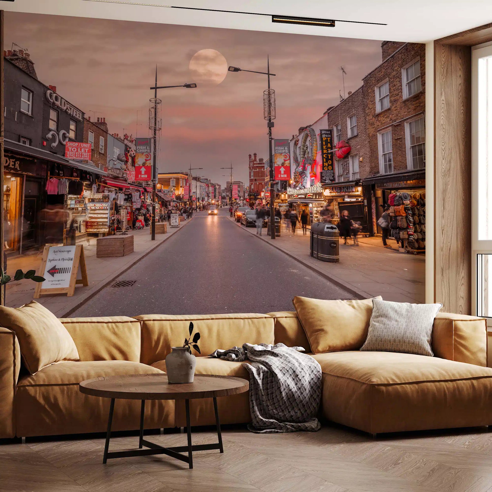 Moonlit London street above a living room, Twilight Scene wall mural aglow, GD11184
