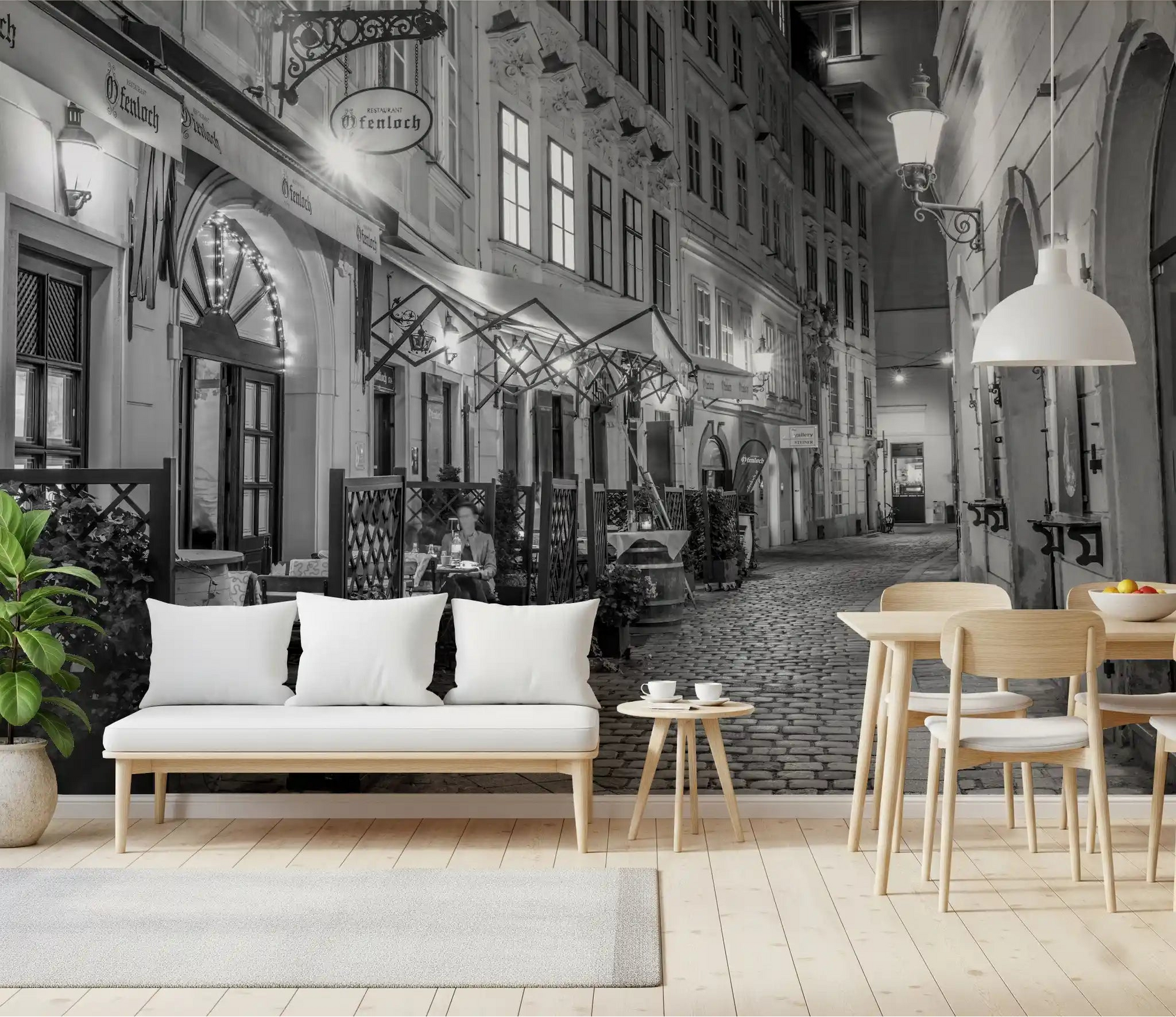 Lantern-lit European restaurant street wall mural glowing over a Dining room GD11190
